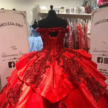 Raudona Blizgančių Quinceanera Prom Dresses 2021 Off Peties Nėrinių Aplikacijos Blizgančiais Kamuolys Suknelė Tiulio Šalis Saldus 16 Suknelė Quinceañera