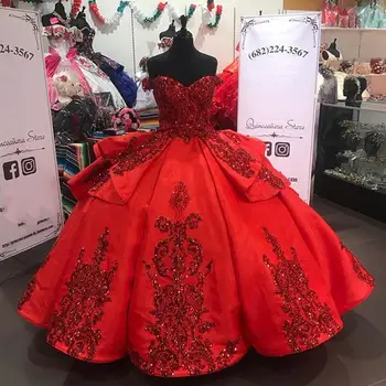 Raudona Blizgančių Quinceanera Prom Dresses 2021 Off Peties Nėrinių Aplikacijos Blizgančiais Kamuolys Suknelė Tiulio Šalis Saldus 16 Suknelė Quinceañera