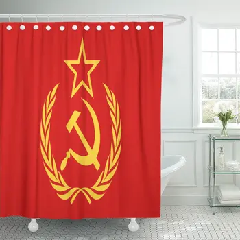 Raudona Sovietų CCCP Ženklas Plaktukas, Kūjis Žvaigždė ir Vainikas Geltona Sąjungos Komunizmo Dušo Užuolaidos Vandeniui Poliesterinio Audinio 72 x 72