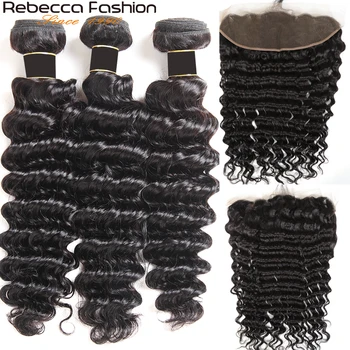 Rebecca Brazilijos Giliai Banga Žmogaus Plaukų Ryšulius Su Nėrinių Priekinės Uždarymo Ne Remy Human Hair 3 Ryšulius Su 13x4 Nėrinių Uždaryti