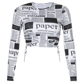 Rockmore Laikraščių Spausdinimo Plisuotos Tee Marškinėliai Moterims Bodycon Ilgomis Rankovėmis Pasėlių Viršuje Street Wear Basic Marškinėliai Atsitiktinis Marškinėliai Topai