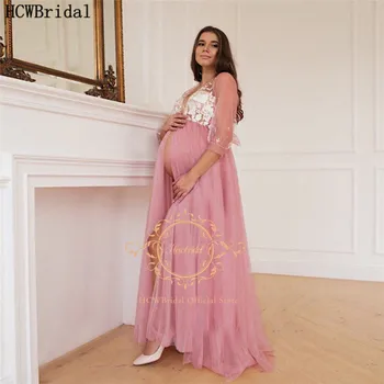 Rose Plus Size Nėščioms Moterims Vakarinę Suknelę Už Nuotrauką Šaudyti Pusė Rankovėmis V-Kaklo, Tiulio, Nėrinių Ilgai Oficialią Suknelės Pritaikyti Chalatai