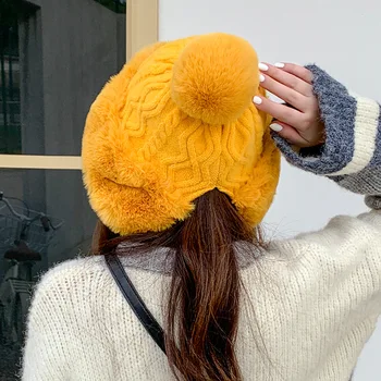 Rudenį ir žiemą moterų medvilnės kašmyro Megztinis skrybėlę tris vilnos kamuolys mielas sutirštės šalto įrodymas, šiltas vientisos spalvos megzta kepurė