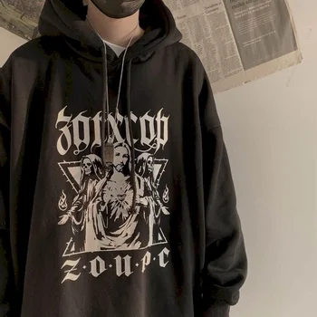 Rudenį, žiemą gotikos hoodies vyrų drabužiai punk viršūnes korėjos ins retro tamsiai simbolių spausdinimo prarasti plius aksomo gobtuvu megztinis kailis