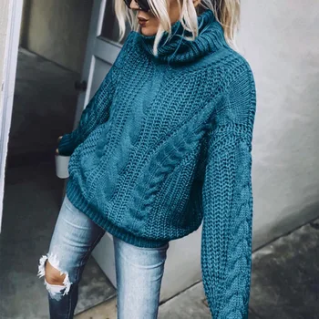 Rudenį, žiemą moheros megztinis Moterims ilgomis rankovėmis golfo megzti megztinis mėlyna kavos kietas pollover