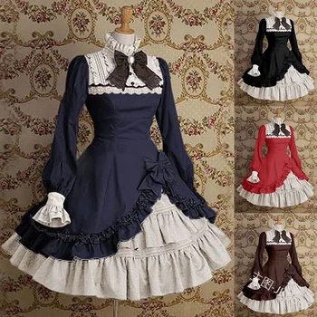 Rūmai derliaus saldus lolita dress aukštos apykaklės blyksnius rankovės bowknot nėrinių viktorijos suknelė kawaii girl gothic lolita op loli cos