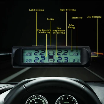 Saulės Energijos USB Automobilių Padangų slėgio Stebėjimo, signalizacijos Sistemos, LCD Ekrano išorės jutiklis auto saugos įspėjimas stebėti/gause