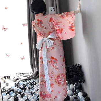 Seksualus, Moterų apatinis Trikotažas Japonijos Kawaii Rožinės spalvos Kimono su Balta Lankas-mazgas Juostos ir Diržas Tarnaitė Cosplay Kostiumai, AV Apranga