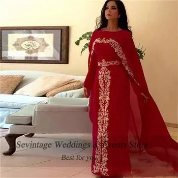 Sevintage Raudona arabų Maroko Kaftan Promenadzie Suknelė su Žaliojo Aukso Nėrinių Aplikacijos Šifono Abaja Dubajus Vakare Chalatai Vestidos De Gala