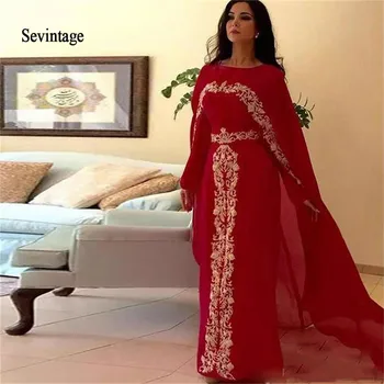 Sevintage Raudona arabų Maroko Kaftan Promenadzie Suknelė su Žaliojo Aukso Nėrinių Aplikacijos Šifono Abaja Dubajus Vakare Chalatai Vestidos De Gala