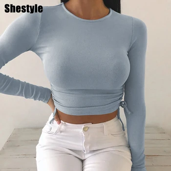 Shestyle Raišteliu Kietas 2020 M. Rudenį T-marškinėliai Moterims ilgomis Rankovėmis Liesas Stora O Kaklo Paprasto Prekės ženklo Dizainas Apkarpyti Viršūnes Madinga