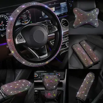 Spalvinga Cirkonio Kristalų Automobilio Sėdynės diržo dangtelio mygtukai Pavarų Perjungimo Nustatyti Diamond Vairas padengti Auto Interjero aksesuarų Rinkinys