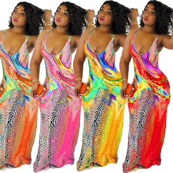 Spalvinga Gėlių Spausdinti Maxi Suknelė Moterims V Kaklo Slydimo Vestido Vasaros 2020 Naujas Ilgas Berankovis Suknelė Plius Dydis 3 XL Lady Šalis Suknelė