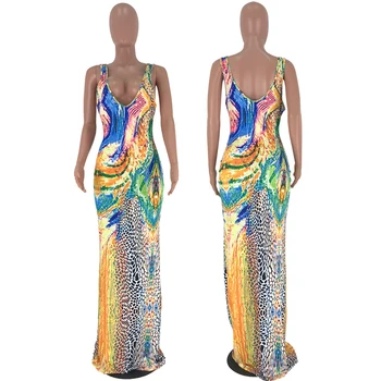 Spalvinga Gėlių Spausdinti Maxi Suknelė Moterims V Kaklo Slydimo Vestido Vasaros 2020 Naujas Ilgas Berankovis Suknelė Plius Dydis 3 XL Lady Šalis Suknelė
