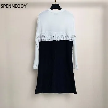 SPENNYMOOR 2020 Dizaineris Prekės Rudens Žiemos Taku Mezgimo Suknelė Moterų Mados ilgomis Rankovėmis Juoda Balta Megztinis Suknelė