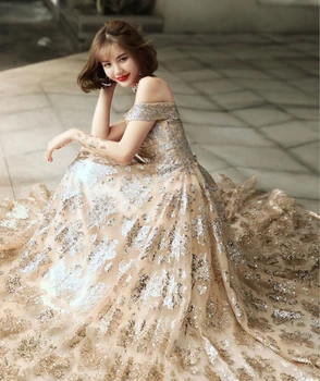 SSYFashion Naujas Pokylių Elegantiškas Aukso vakarinę Suknelę Valtis Kaklo Grindų ilgis Blizgančiais Ilgai Prom Oficialų Suknelė Vestidos De Noche