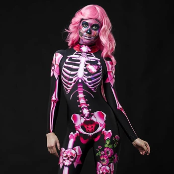 Suaugęs Vaikas, Motina, Dukra Helovinas Drabužius Skeletas Cosplay Jumpsuit Pink Rose Moterims Seksualus Kaukolė Baisu Kostiumu Mergina Spausdinti Romper