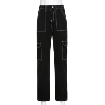 SUCHCUTE Gothic Black Moterų Baggy Jeans Kelnės Y2k Mados Aukštos Juosmens, Tiesios Kelnės Streetwear korėjos Stiliaus 90s Atsitiktinis Apranga
