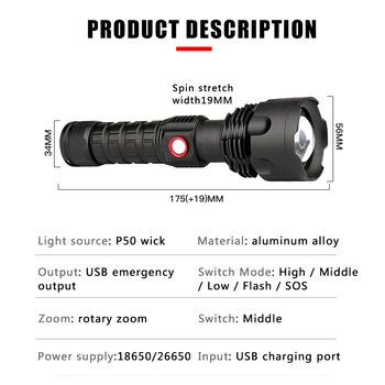 Super Galingas LED Žibintuvėlis XP50 Lempos vandeniui Flash šviesos USB įkrovimo Galios Banko Fakelas Žibintai Prožektoriai Kempingas