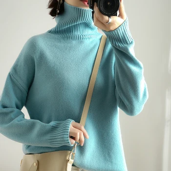 Super minkštas vilnos naujas kašmyro megztinis moterų didelės apykaklės sutirštės laisvi, laisvi vientisos spalvos ilgomis rankovėmis megztinis paprasta tingus