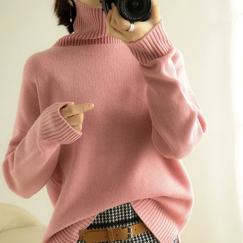Super minkštas vilnos naujas kašmyro megztinis moterų didelės apykaklės sutirštės laisvi, laisvi vientisos spalvos ilgomis rankovėmis megztinis paprasta tingus