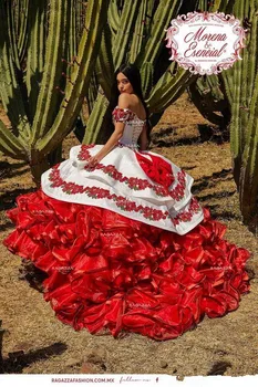 Susiėmę Gėlių Charro Quinceanera Suknelės Off Peties Reljefiniai Sijonas Nėriniai Siuvinėjimo Princesė Sweety 16s Merginos Maskuotis chalatai
