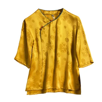 Temperment Kinų Stiliaus Mandarinų Apykaklės Spausdinti Šilko Half-Sleeve Shirt Elastiniai Marškinėliai 