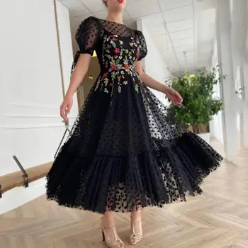 Thinyfull Juodi Taškeliai Tiulio Promenadzie Suknelė Su Gėlių Siuvinėjimas Arbata Ilgis Princesė Vakarinę Suknelę Su Kišenėje Chalatas De Soiree 2021
