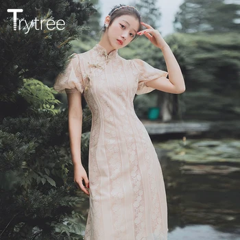 Trytree Vasaros Moterų Suknelė Atsitiktinis Elegantiškas Mandarinų Apykaklės Kinijos Sagtis Nėrinių Suknelės Sluoksniuotos Rankovėmis Kelio Ilgis Cheongsam Suknelė
