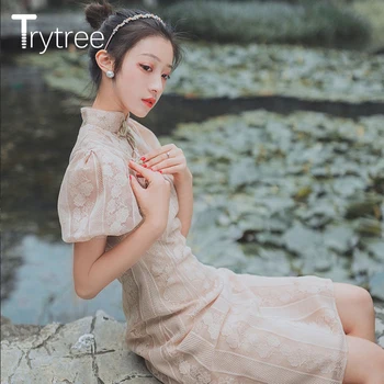 Trytree Vasaros Moterų Suknelė Atsitiktinis Elegantiškas Mandarinų Apykaklės Kinijos Sagtis Nėrinių Suknelės Sluoksniuotos Rankovėmis Kelio Ilgis Cheongsam Suknelė