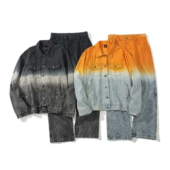 UNCLEDONJM Gradiento spalvos džinsinio džinsus kostiumas streetwear vyrai dizaineris džinsus vyrams baggy jeans vyrams, drabužiai, vyriški nustatyti, ED-WTZ02
