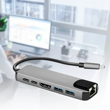 USB-C Hub Nešiojamų Multi-port 6-in-1 Tipo C Adapteris su 4K HDMI, RJ45, Ethernet 