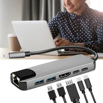 USB-C Hub Nešiojamų Multi-port 6-in-1 Tipo C Adapteris su 4K HDMI, RJ45, Ethernet 