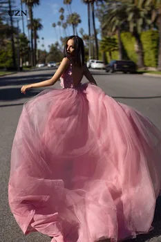 UZN Purvinas Rausvos spalvos, Spageti Dirželis Prom Dresses Longo V Kaklo Mergina Šalis Suknelė Su 3D Gėlės Backless Šalies Prom Chalatai 2020 m.