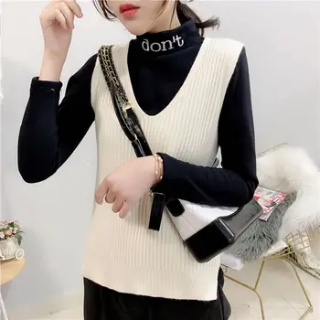 V-kaklo, megzti liemenė moterų korėjos stiliaus vientisos spalvos liemenė prarasti vest plonas dryžuotas megztinis kailis