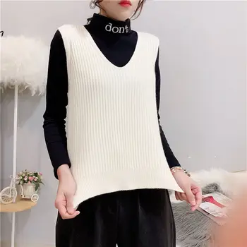 V-kaklo, megzti liemenė moterų korėjos stiliaus vientisos spalvos liemenė prarasti vest plonas dryžuotas megztinis kailis