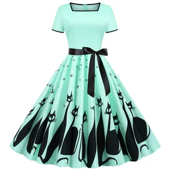 Vasaros Suknelė Elegantiška Vintage Suknelės, Šaliai, Skraistės Midi Vestidos 2020 Moterų Trumpomis Rankovėmis Aikštėje Apykaklės Gėlių Spausdinti Femme Plius Dydis