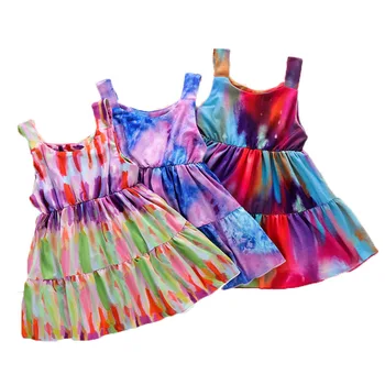 Vasarą Vaikams, Kūdikių Mergaitės Akvarelė Dryžuotas Spausdinti Saldus Rankovių Plisuotos Suknelės Atostogų Merginos Boho Swing-line Sundress