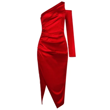 VC Visi Nemokamas Pristatymas Naujos Elegantiškos Puoštas Dizaino Seksualus Vieną Petį ilgomis Rankovėmis Įžymybė Šalies Klubas Raudona Satino Midi Suknelė