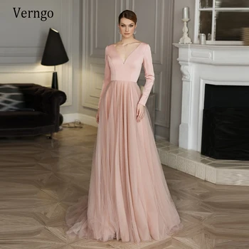 Verngo 2021 Paprastas Elegantiškas Nude Pink Vakaro Suknelės ilgomis Rankovėmis V-Kaklo, Atlasas, Viršuje Tiulis Linijos Oficialų Suknelė Vestido de firsta