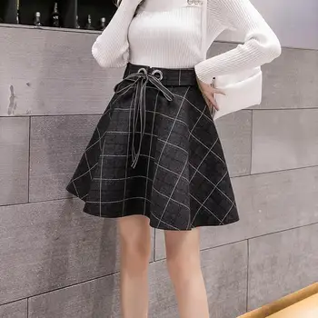 Vilnonis Pledas Aukšto Liemens Sijonas Moterų Moterų Rudenį ir Žiemą Visi-match - Line Sijonas Studentų korėjiečių Stiliaus Kolegijos Stilius