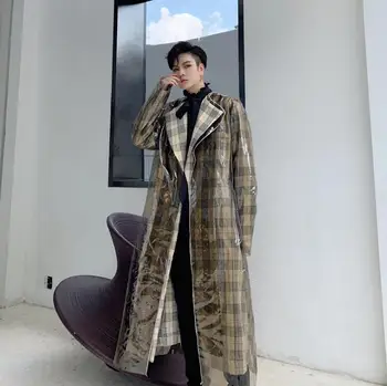 Vyrai tranšėjos paltai vyras retro pledas ilgi paltai vyrams drabužius Skaidrus, dviejų dalių dizaino paltas ilgomis rankovėmis 2020 naujas