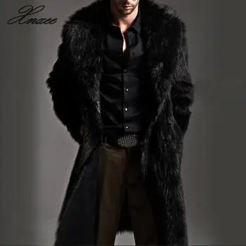 Vyrai Šiltas Plius Sustorėjimas, Ilgi Paltai Striukės Dirbtiniais Kailių paltai vyrams Parko Outwear Megztinis ilgas dirbtiniais odos paltas