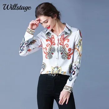 Willstage Baltos spalvos marškinėliai ilgomis rankovėmis mygtuką palaidinė moterims gėlių spausdintą modelio Elegantiškas Marškinėliai dėvėti 2020 m. Rudenį Moterų drabužiai