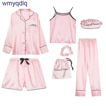 Wmyqdlq 2020 Septynių Dalių Pižama Moterims Vasaros Plonas Skirsnio Modeliavimas Šilko Ilgomis Rankovėmis Pijamas Moterų Pijama Namų Paslauga Kostiumas