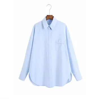 ZA Moterų Kankina Kišenėje Marškinėliai 2020 Plus Size Prarasti ilgomis Rankovėmis Asimetrinė Viršų Moteriška Mada skeltukais Ilgai Sky Blue Marškinėliai