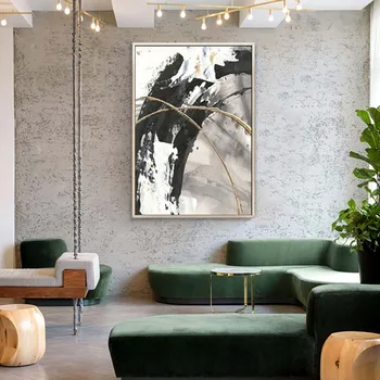 Šiaurės stiliaus 3 vnt derinys Rankų darbo aliejaus tapybai abstrakčiai juoda ir balta kraštovaizdžio sienos namuose decoartion už kambarį