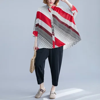 šifono pavasario vasaros derliaus Polka Dot korėjos plius dydis Atsitiktinis laisvi marškinėliai moterims palaidinė 2021 drabužius ponios viršūnes streetwear