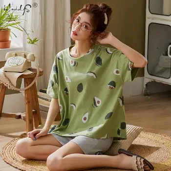 Žalia Sleepwear Rinkiniai Moterims Mielas Avokado Modelio Pižama, Medvilnės Trumpos Namų Drabužiai Karšto Pardavimo Femme Apatiniai Pijamas