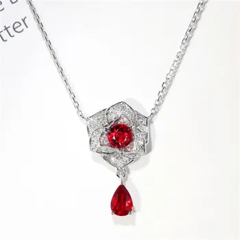 Žavesio Gėlių Ruby Diamond cz Pakabukas 925 Sterlingas Sidabro Šalis Vestuvių Karolius, Grandinės Karoliai Moterų Nuotakos Fine Jewelry